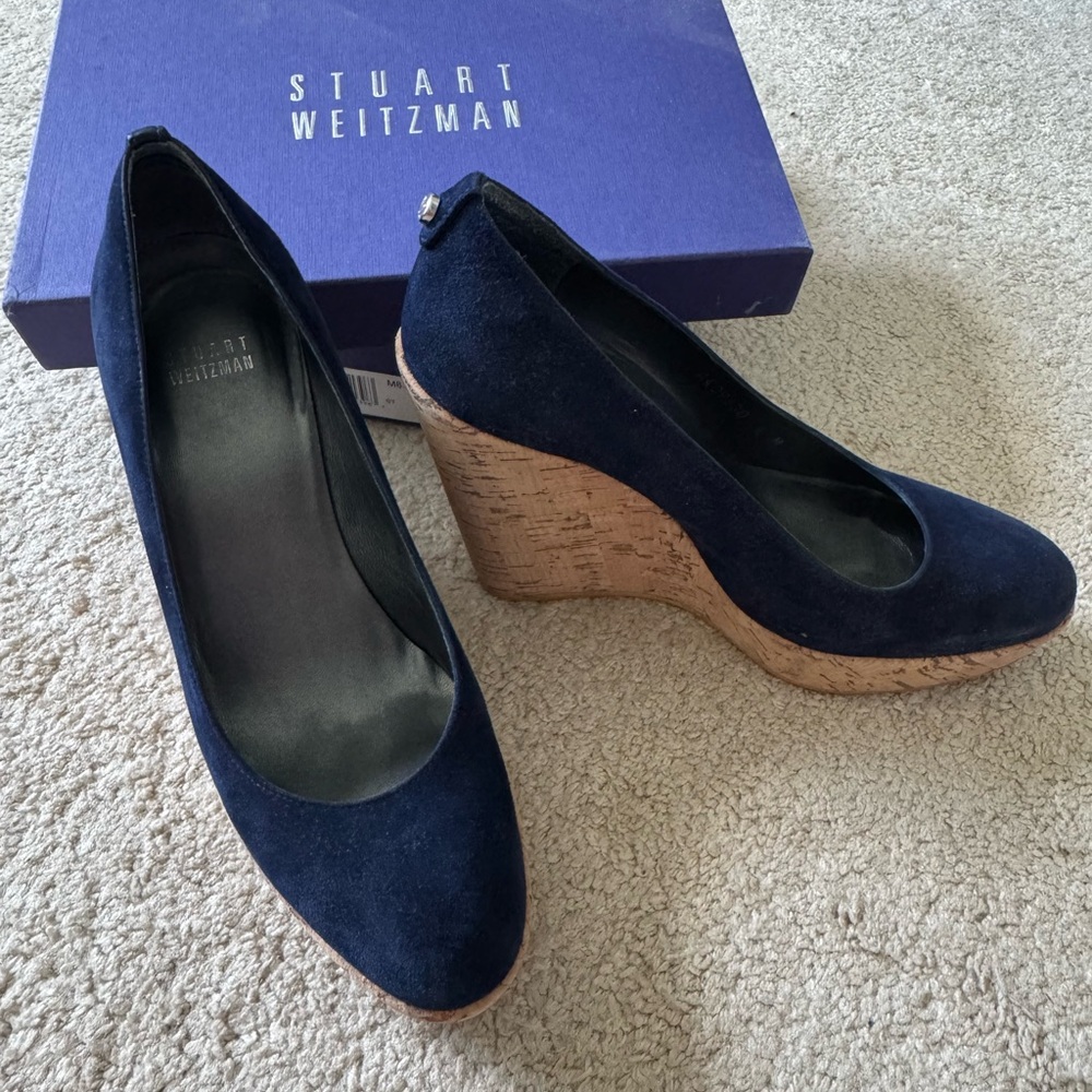 Stuart Weitzman Navy Suede Cork Wedge Pumps